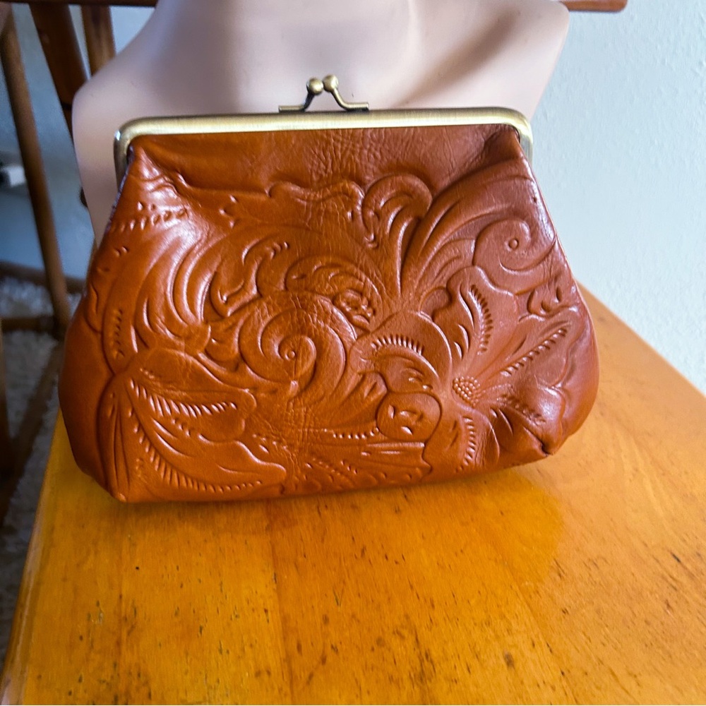 Vintage 40s Style Clutch Purse | Tooled Leather | Brown | Floral | Patricia Nash